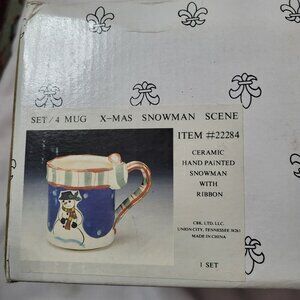 Vintage CBK Ceramic Snowman Mugs Set Of 4 With Ribbon Accents